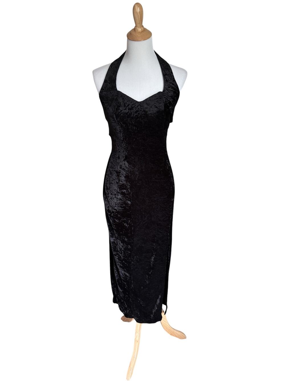 Vintage 90s Y2K Black Whimsigoth Midi Dress Velvet Halter Prom Formal Morticia